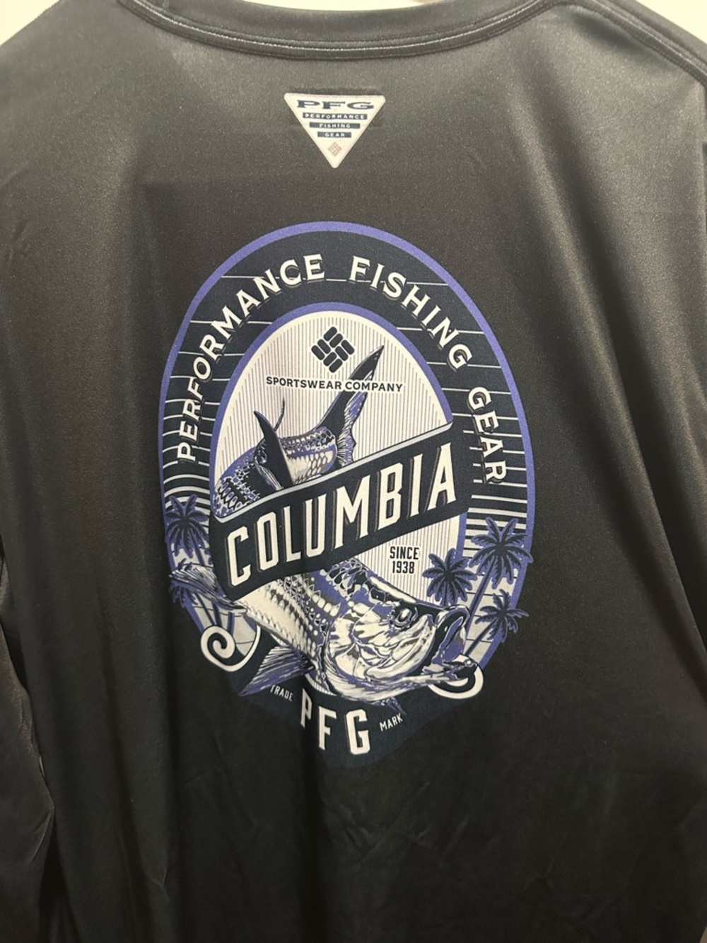Columbia PFG Black Long Sleeve Performance Fishing Tee with Purple Graphic